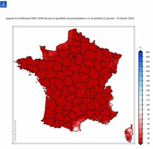 Carte de France des précipitations sur la période 21/01/23 au 16/02/23